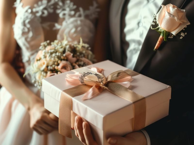 Close-up of a bride and groom opening a beautifully wrapped wedding gift.